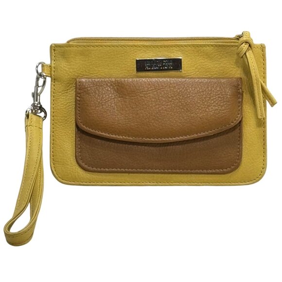 Kenneth Cole Reaction Wristlet Clutch Mustard & Brown Genuine Leather - Picture 1 of 9